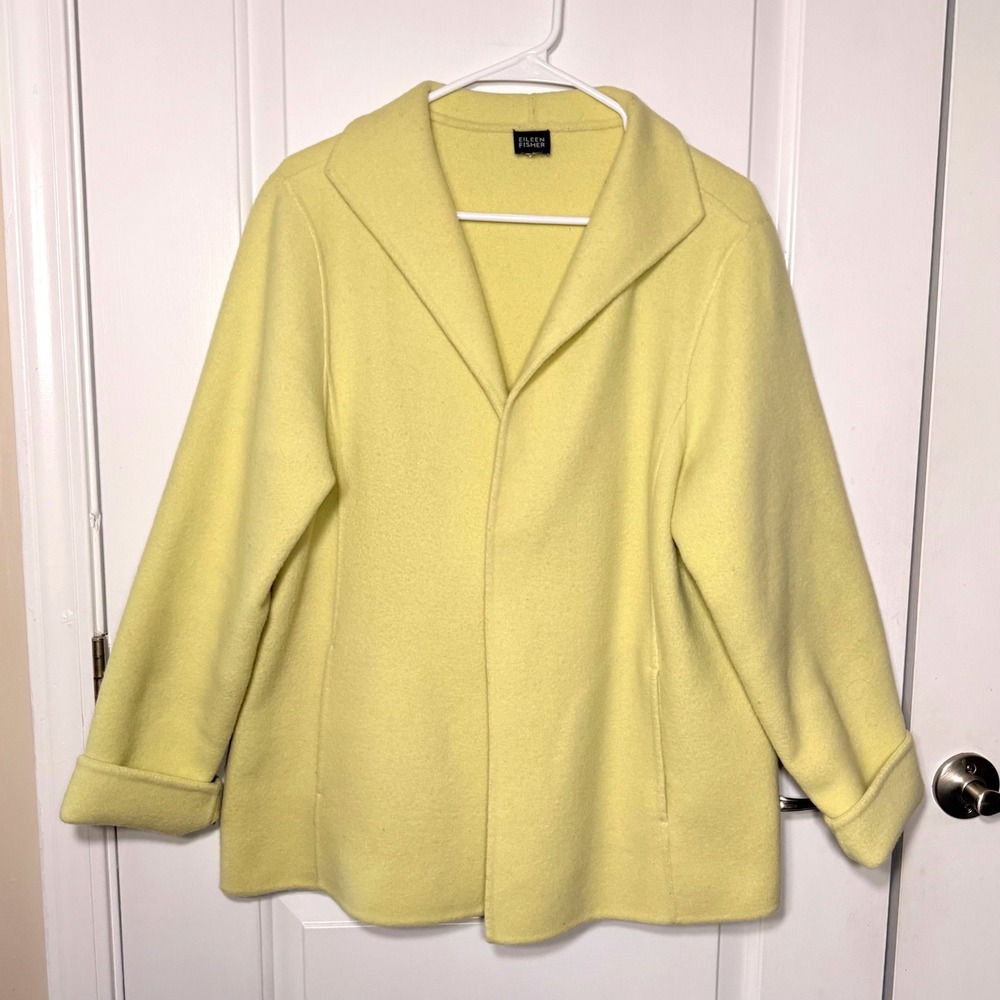 Eileen Fisher Wool Cashmere Open Front Cardigan Jacket Lime Green Chartreuse M